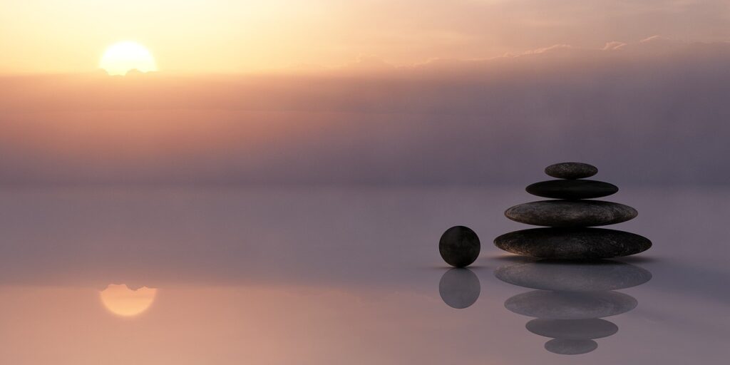 balance, stones, stack, stack of stones, reflection, mirroring, mirror image, sunset, dusk, twilight, meditation, meditate, silent, sky, sun, nature, clouds, wellness, zen